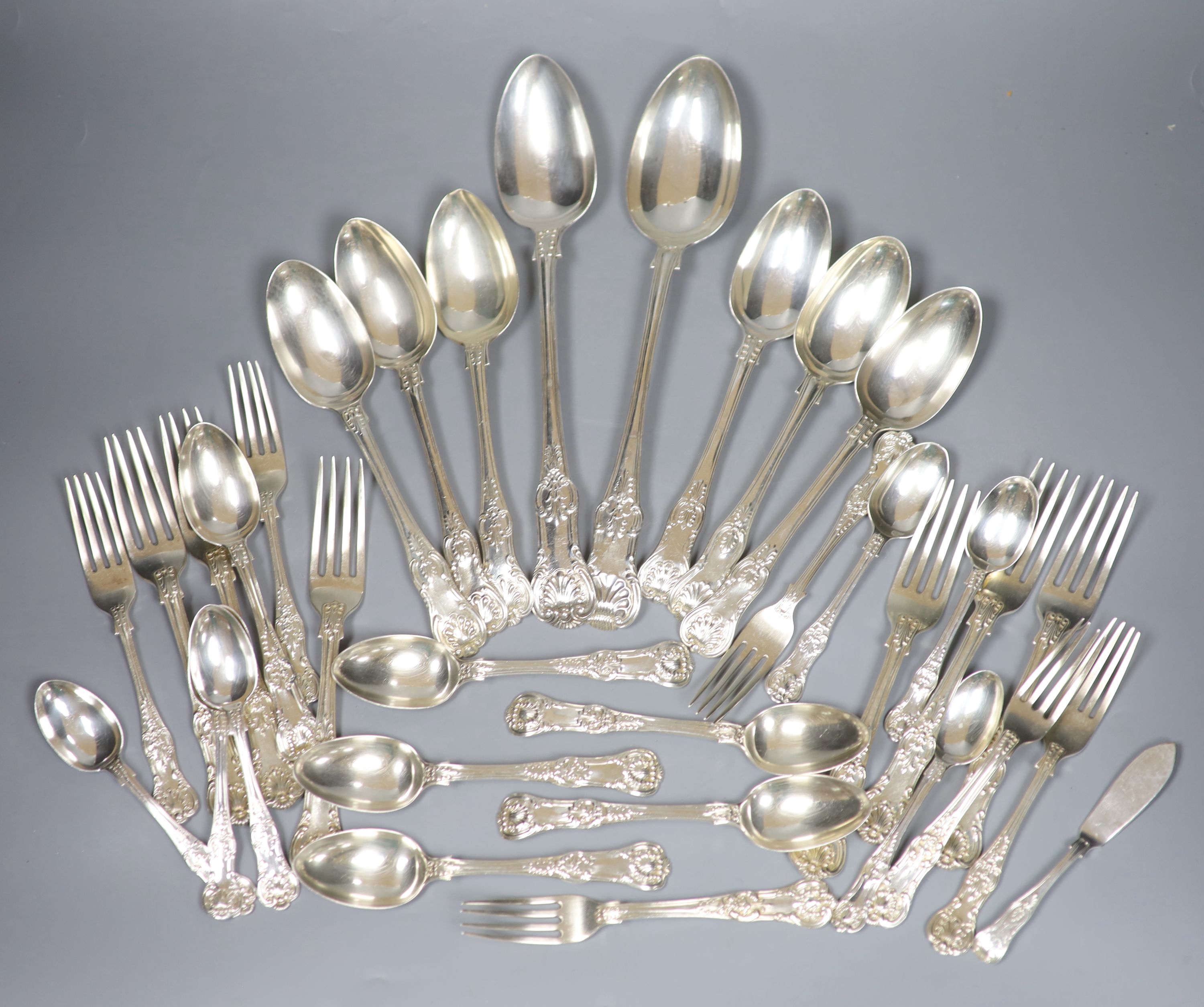 A matched 19th century and later Kings pattern part service of silver flatware, various dates and makers, approx 78oz.